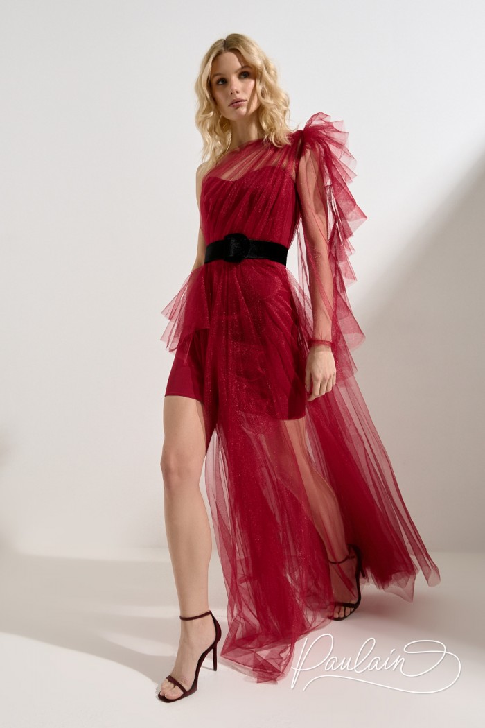 Эффектное вечернее платье-трансформер со съемным рукавом винного оттенка - НОЧНОЙ МОТЫЛЕК | Paulain