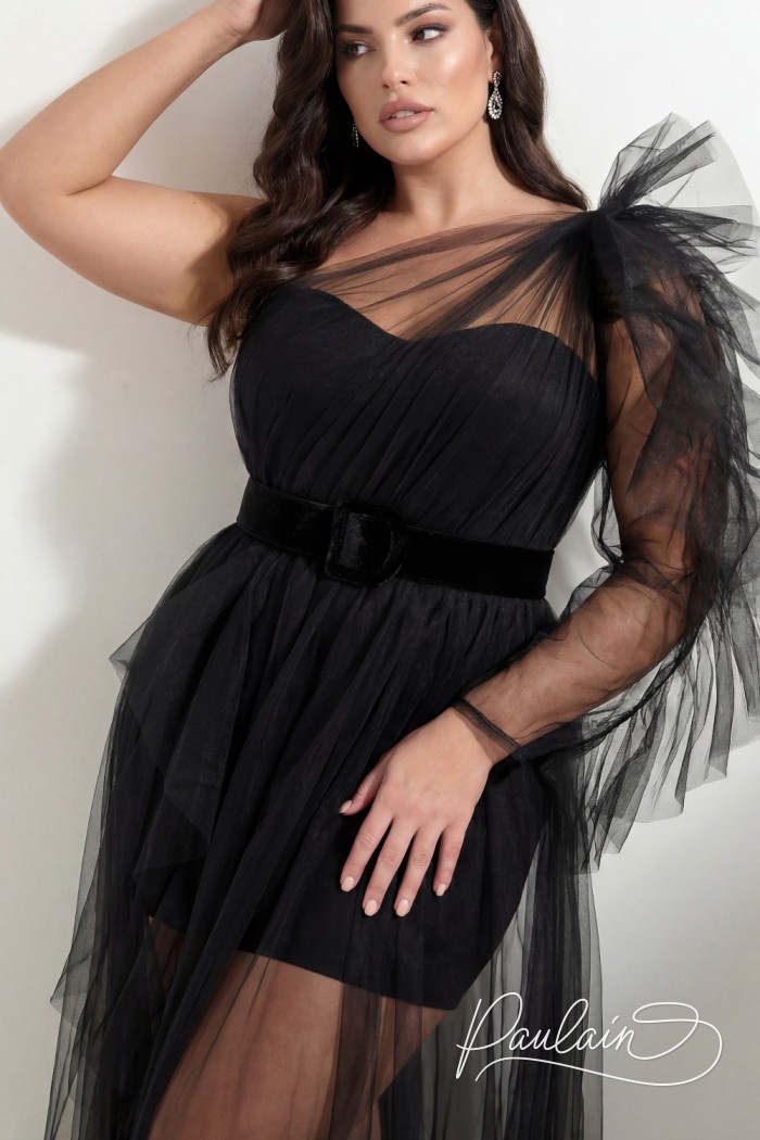 Черное платье трансформер со съемным фигурным рукавом большого размера - НОЧНОЙ МОТЫЛЕК | Paulain