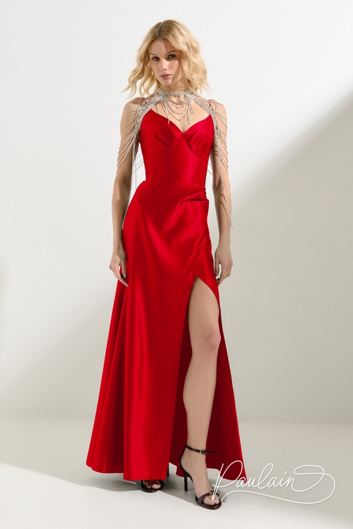 Длинное вечернее платье из плотного атласа длины макси на корсете и тонких бретелях - ОДНА ТАКАЯ | Paulain