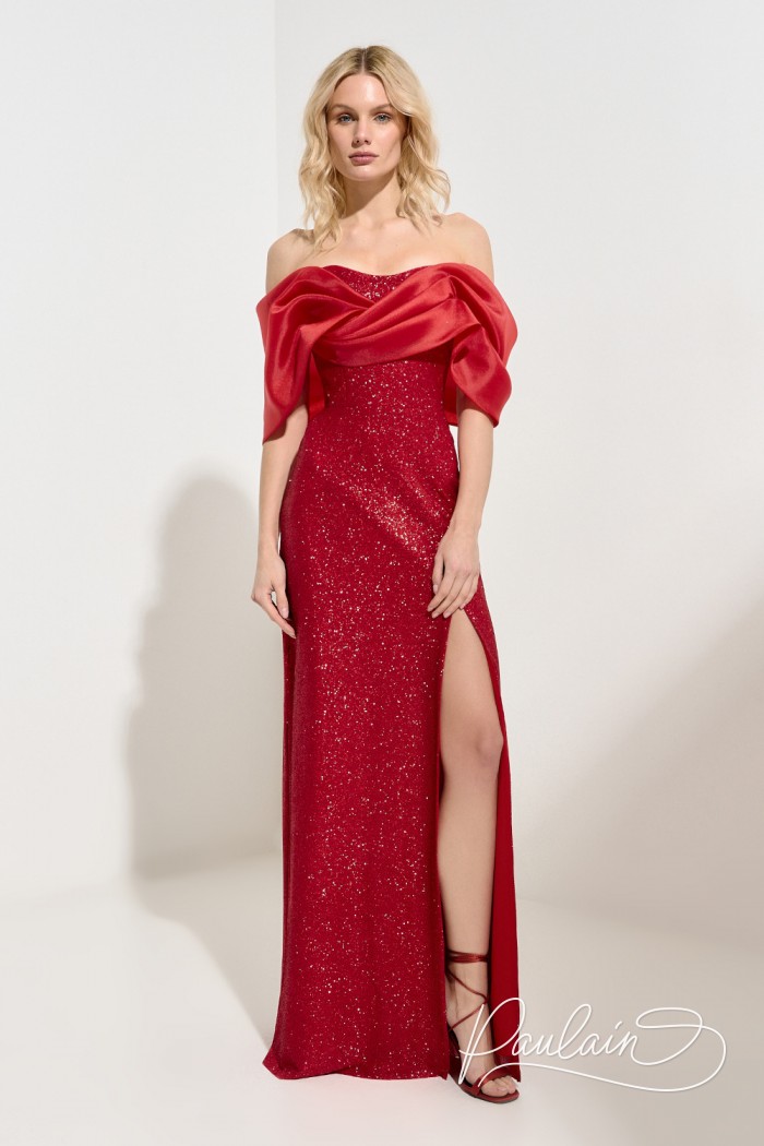 Сногсшибательное красное платье в пол с открытыми плечами и разрезом по ноге - ХОД КОРОЛЕВЫ МИНИ | Paulain