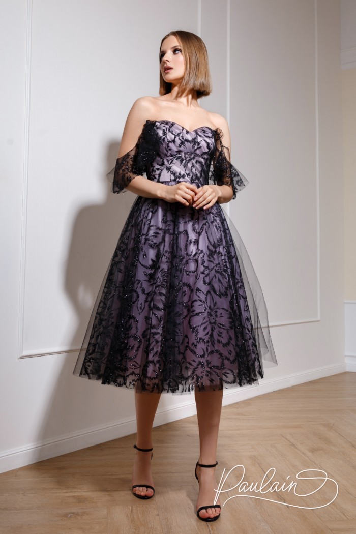 Роскошное коктейльное платье миди со спущенным рукавом и цветочным глиттерным принтом - БЕККА | Paulain