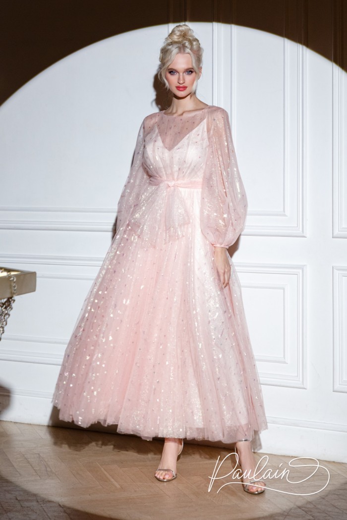 Воздушное вечернее платье розового цвета с пышной длинной юбкой - ДОМИНИК | Paulain