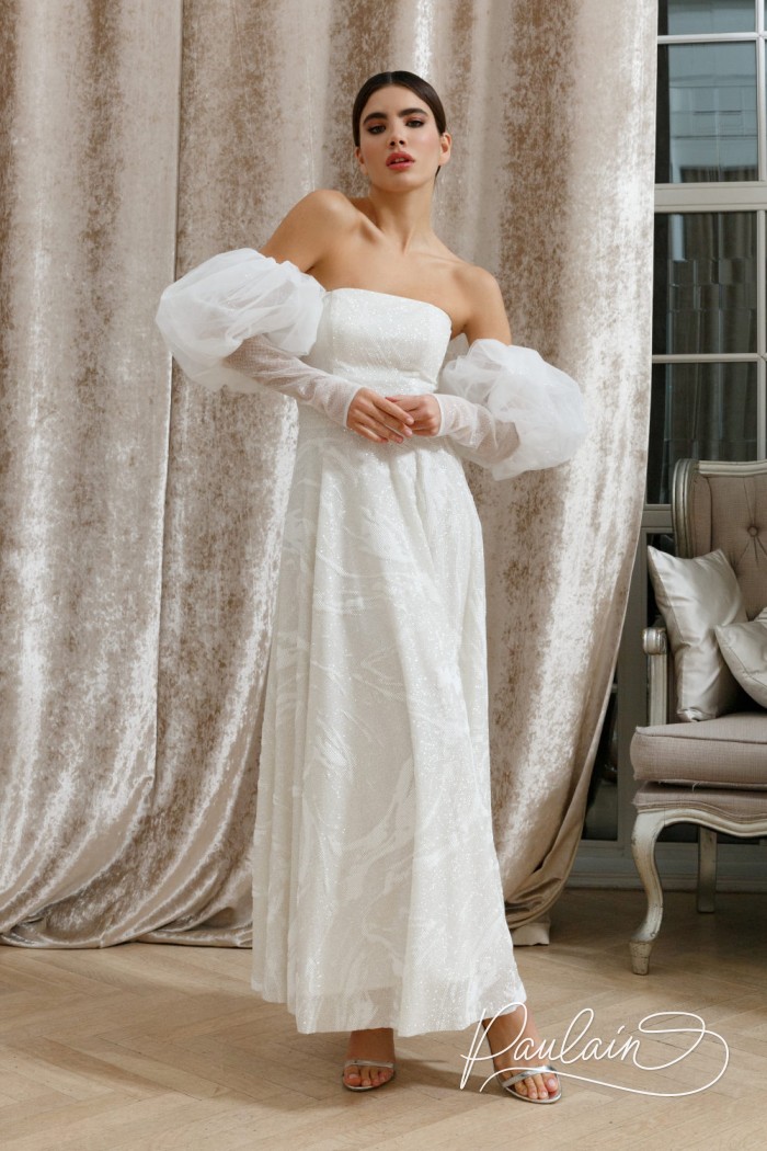 Белое платье с мягким лифом и расширенной юбкой плюс съемные пышные рукава - МАККЕНЗИ | Paulain