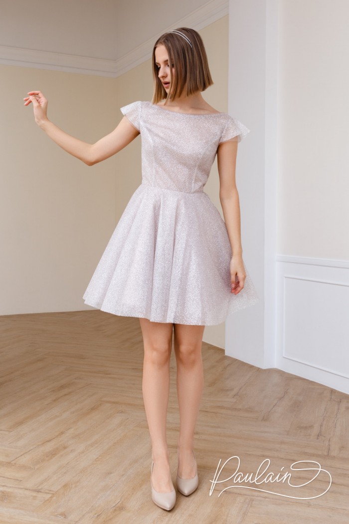Блестящее короткое платье из глиттерной ткани с коротким рукавом - ПЕЙТОН МИНИ | Paulain