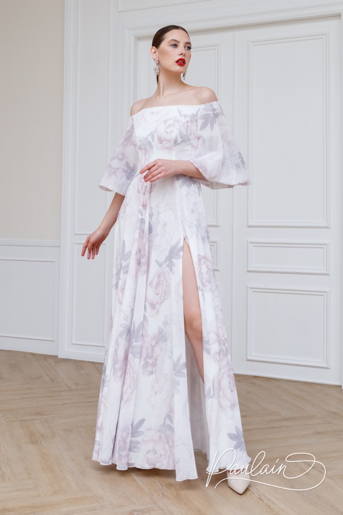 Нежное длинное платье с цветочным принтом и длинным рукавом - ПИОНА Макси | Paulain