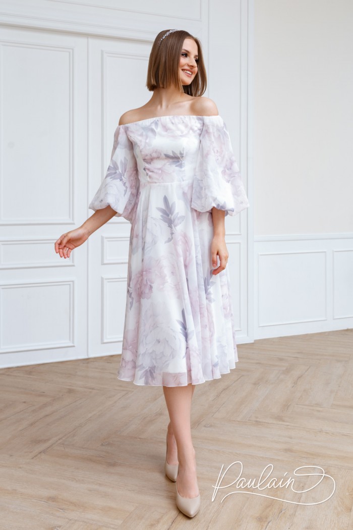 Коктейльное платье с длинным рукавом и цветочным принтом - ПИОНА Миди | Paulain