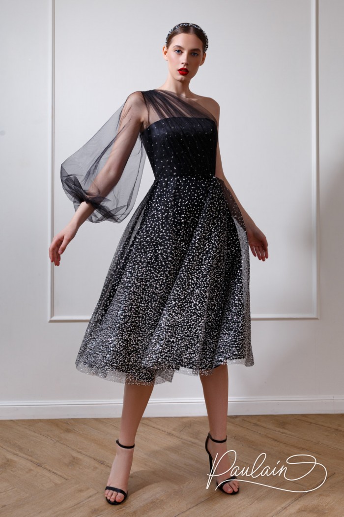 Асимметричное платье миди длины с длинным рукавом с эффектом амбре - ДЕВА МИДИ | Paulain
