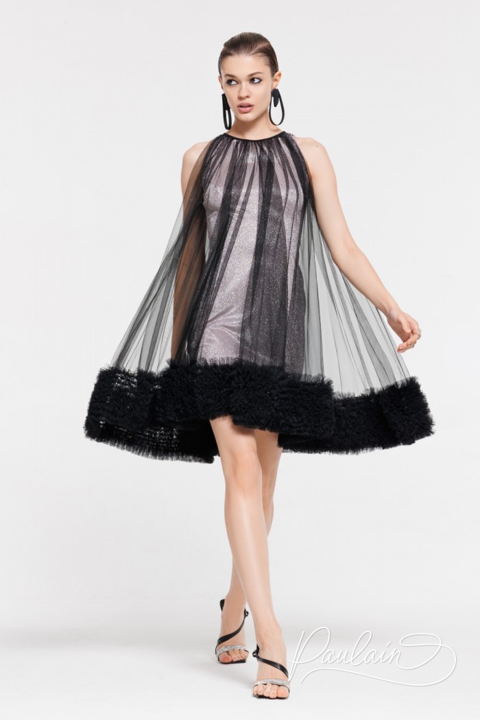 Эффектное блестящее коктейльное платье мини длины с объемной туникой - ЛИЛУ | Paulain