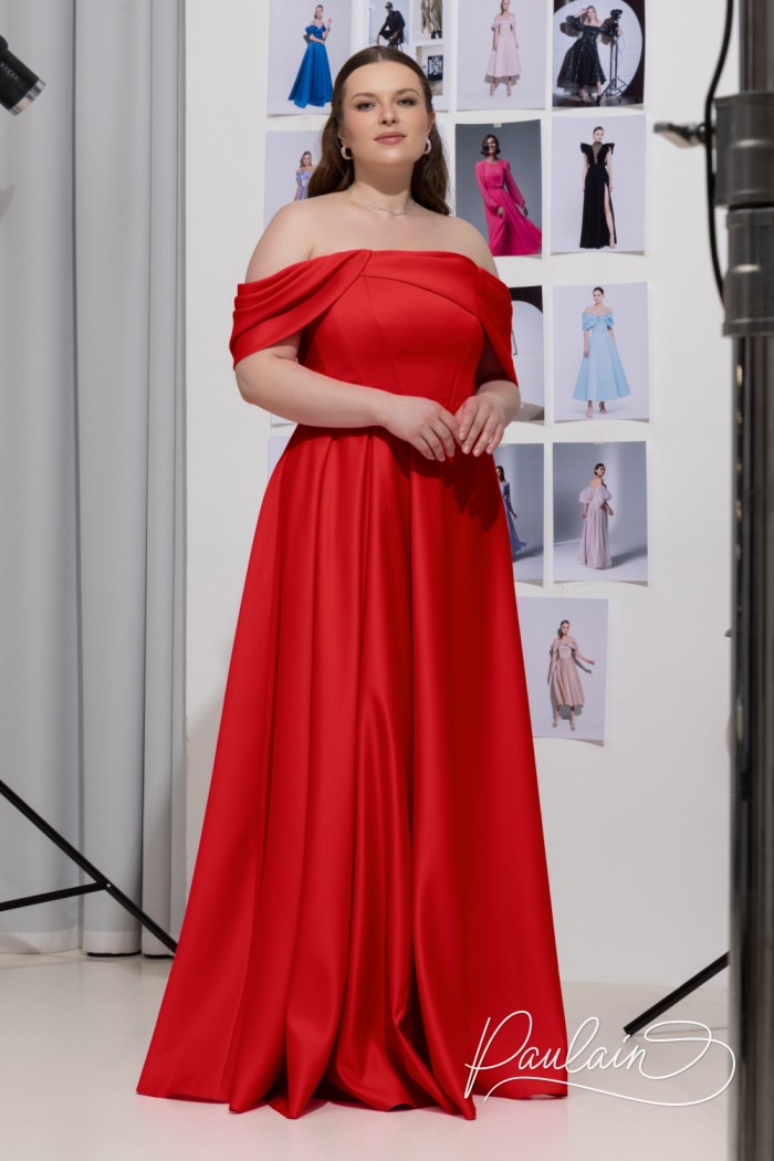 Красное длинное платье с открытыми плечами на корсете большого размера - ЛИСИТЕЯ | Paulain