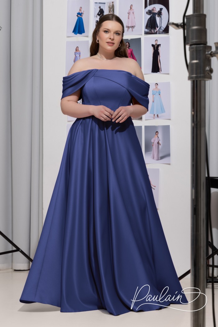 Корсетное платье из атласа в пол синего цвета большого размера - ЛИСИТЕЯ | Paulain